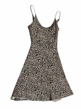 NWT ACEVOG Black Beige Leaf Print Spaghetti Strap Skater Dress S